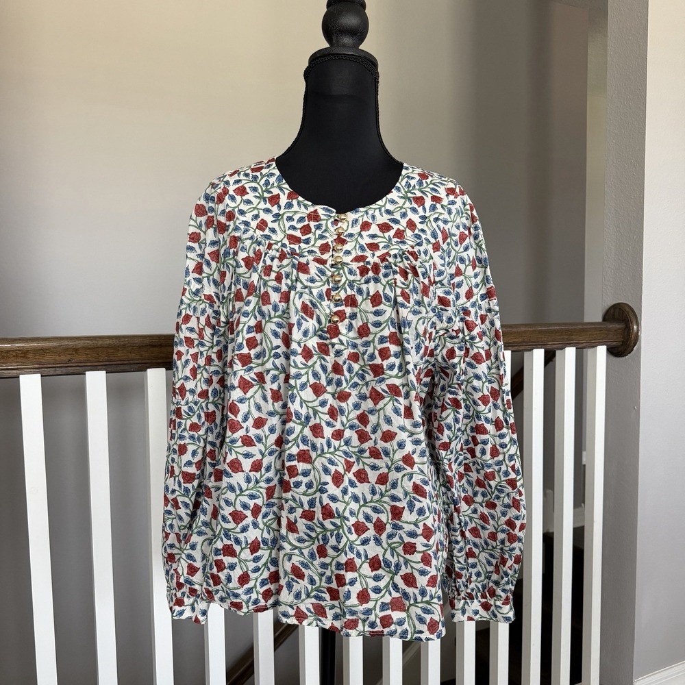 J Crew Cotton Poplin Floral Blouse Sz Large Cottagecore Preppy Boho Coquette